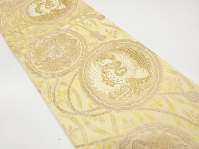 JAPANESE KIMONO / ANTIQUE FUKURO OBI / SILK / WOVEN PHOENIX & FLORAL CREST